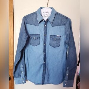 Mother Denim Two-Tone Western Pearl Snap Shirt In Large